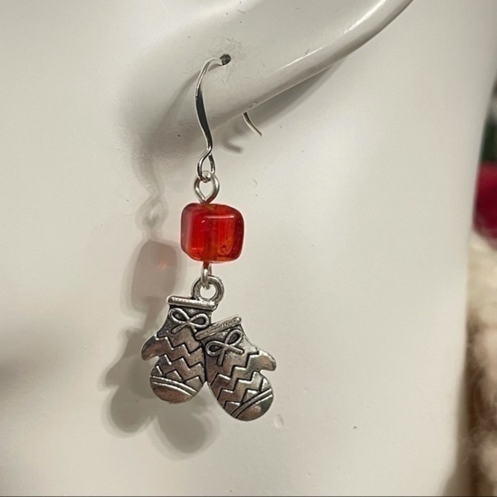 $10 SALE Handmade Mitten Charm Earring Red Bead Accent Glove Outdoor Fun Winter
